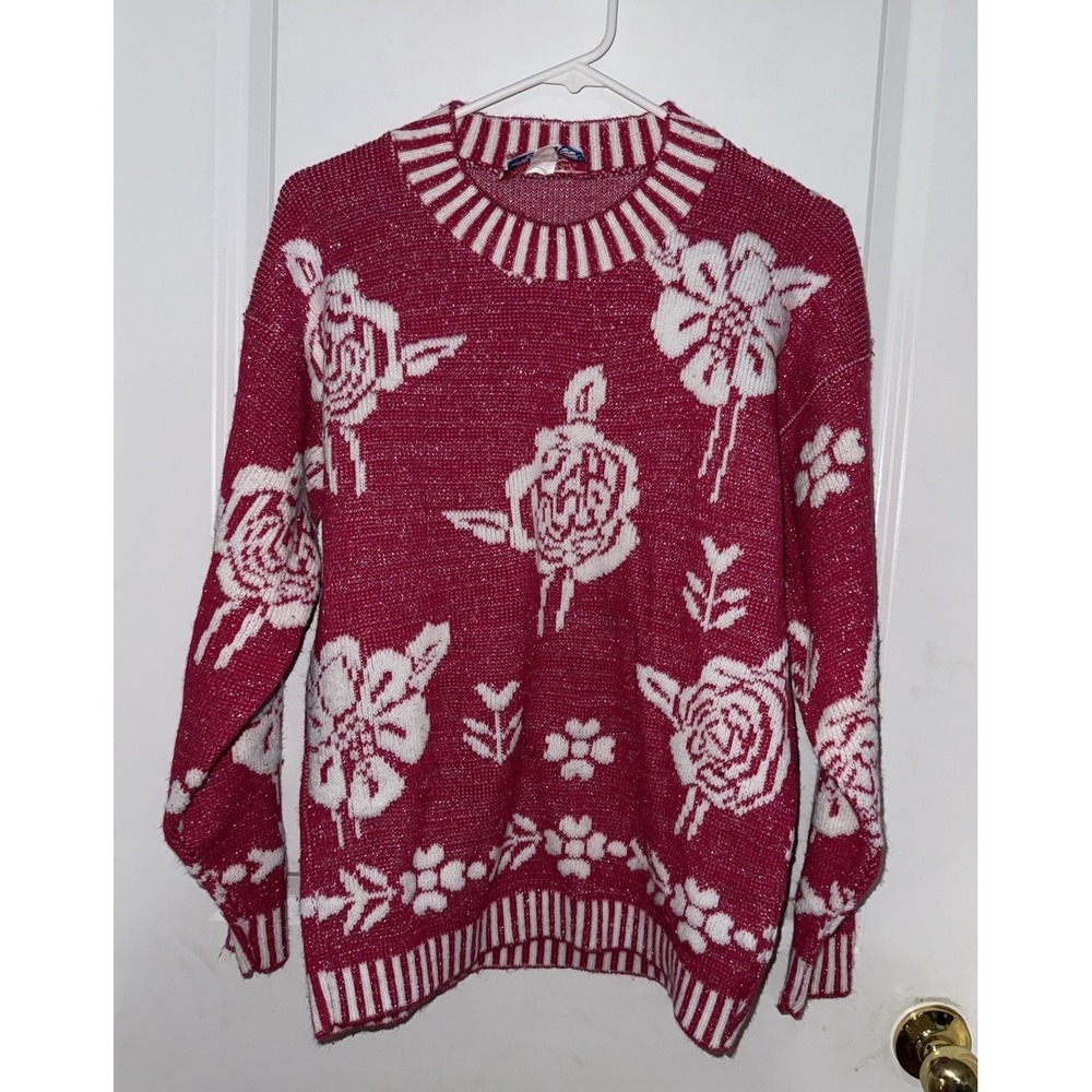 VTG 80S GLAMOUR‎ KNIT SWEATER USA MADE METALLIC PINK FLORAL ROSE VIBRANT OS WMNS